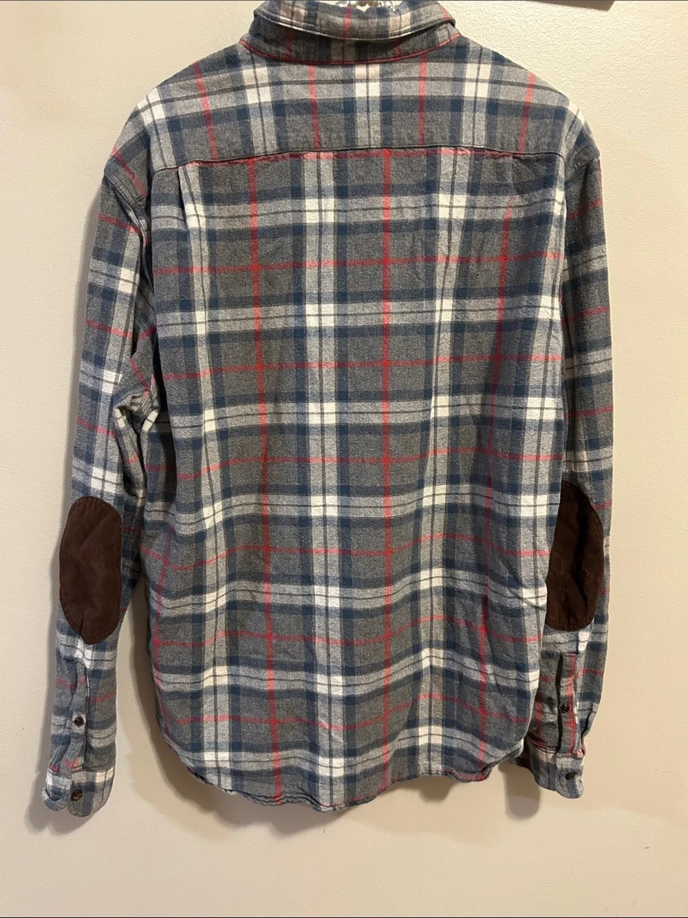 J. Crew Flannel Shirt Mens L Gray Plaid Elbow Patch 100% Cotton Long Sleeve